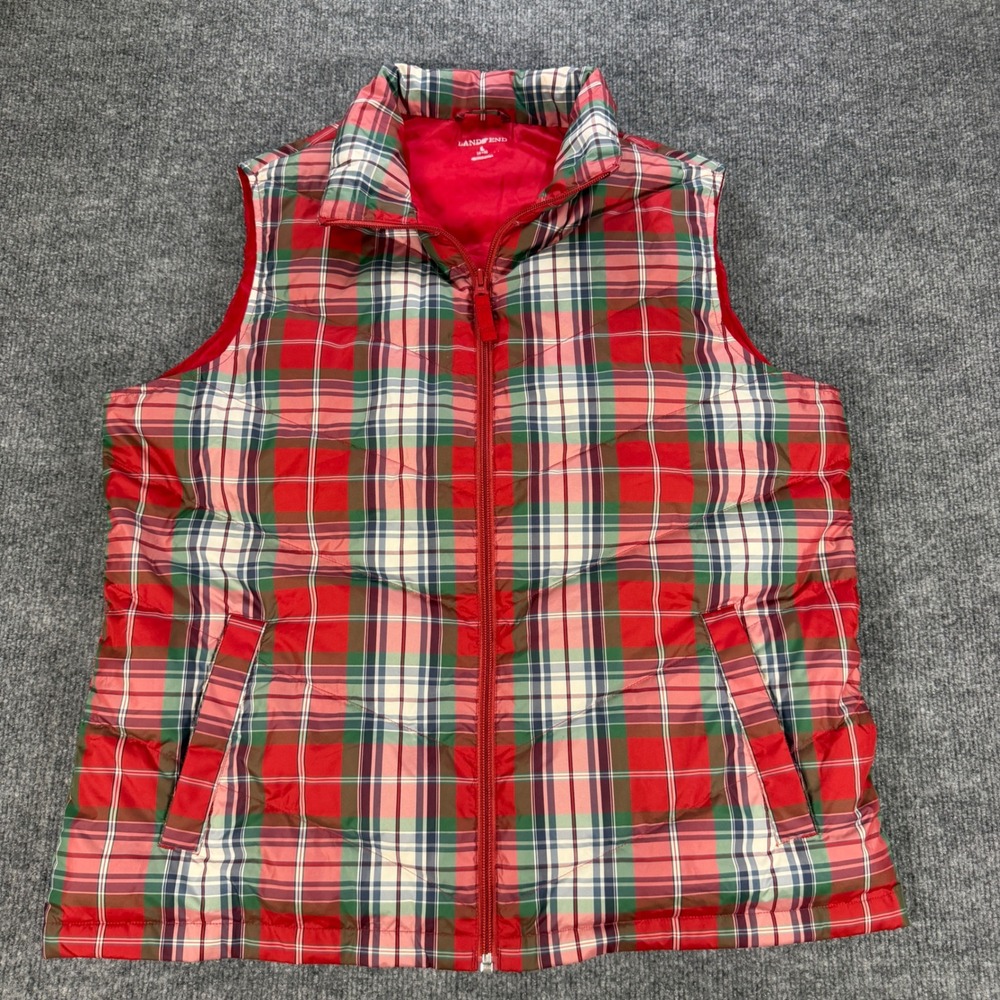 Lands End Plaid Puffer Down Vest Red Green Tartan Size L 14-16 Gorpcore Preppy